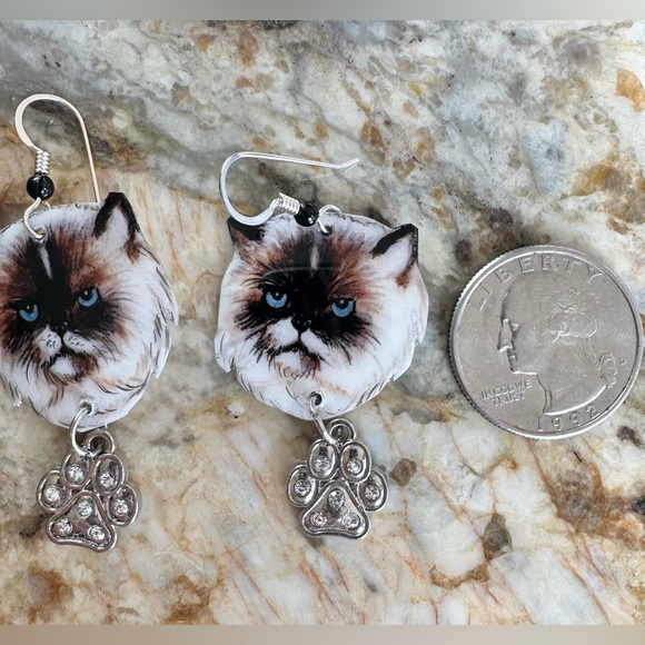 Persian cat handpainted Siamese long hair earrings original paw charm Sterling - Picture 3 of 4